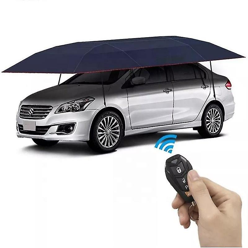 Automatic Car Umbrella Tent shown in use, protecting a car from sun and rain.