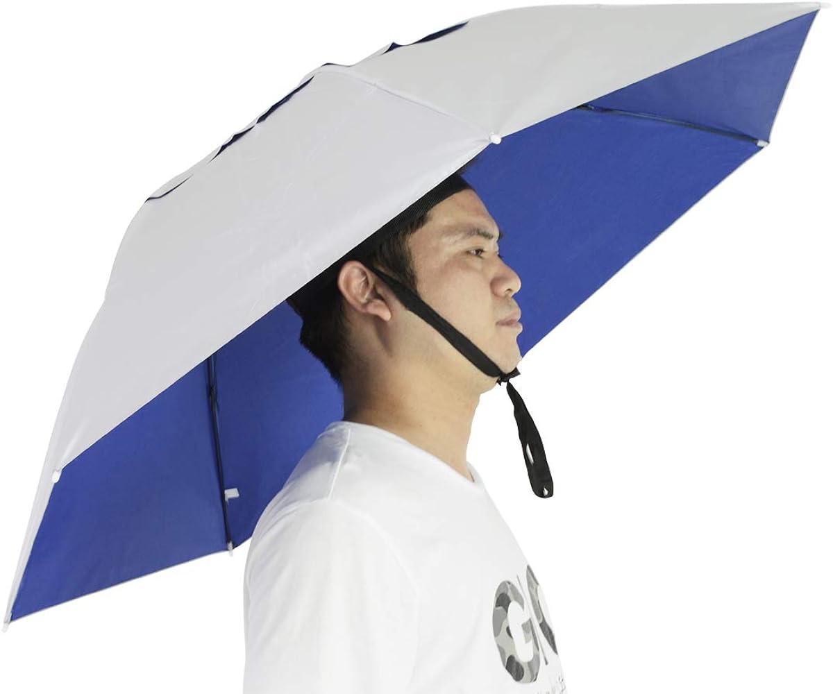 A folding adjustable fishing umbrella hat in blue, worn on a model's head.