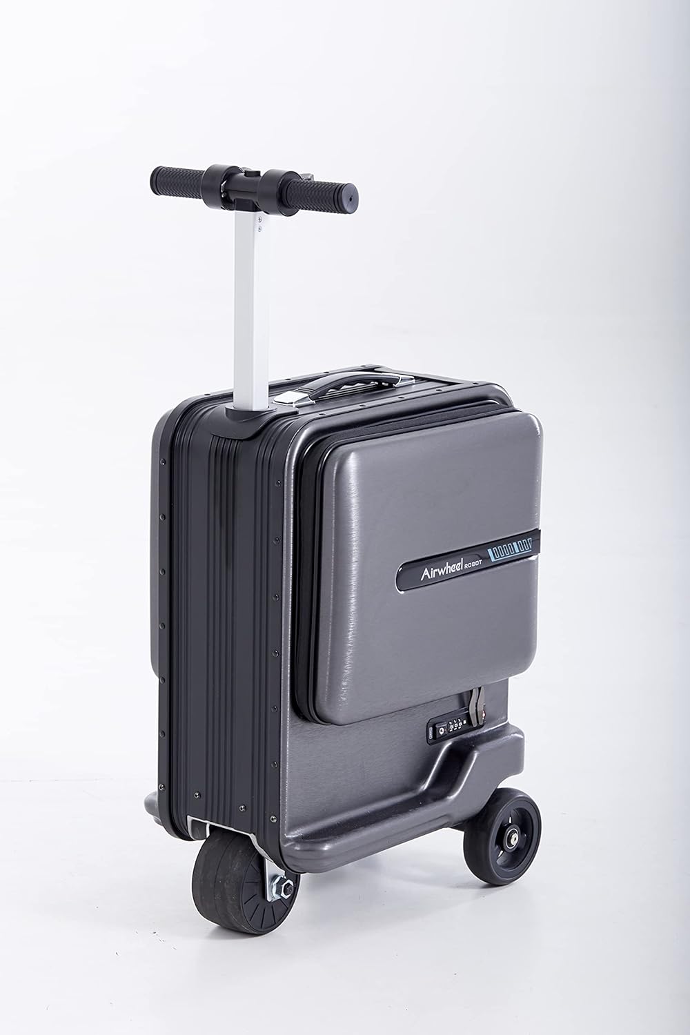 20" Carry on Luggage Suitcase in white color with USB charging port, rideable design, and built-in TSA lock.