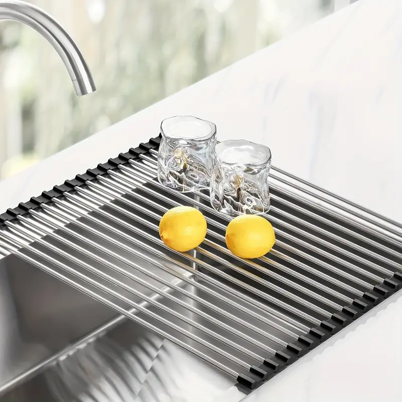 Large Dish Drying Rack Over-the-Sink Stainless Steel Portable Dish Rack Dish Drainer displayed over a kitchen sink.