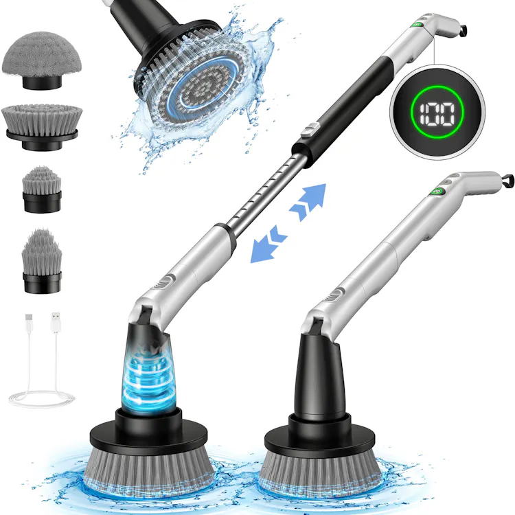 kHelfer Electric Spin Scrubber Kh8 with multiple brush heads and adjustable handle.