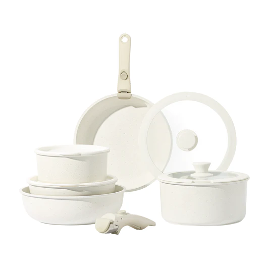 CAROTE 11pcs Pots and Pans Set in Cream White with Detachable Handle