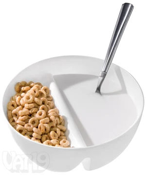 Two white anti-soggy cereal bowls stacked on top of each other.