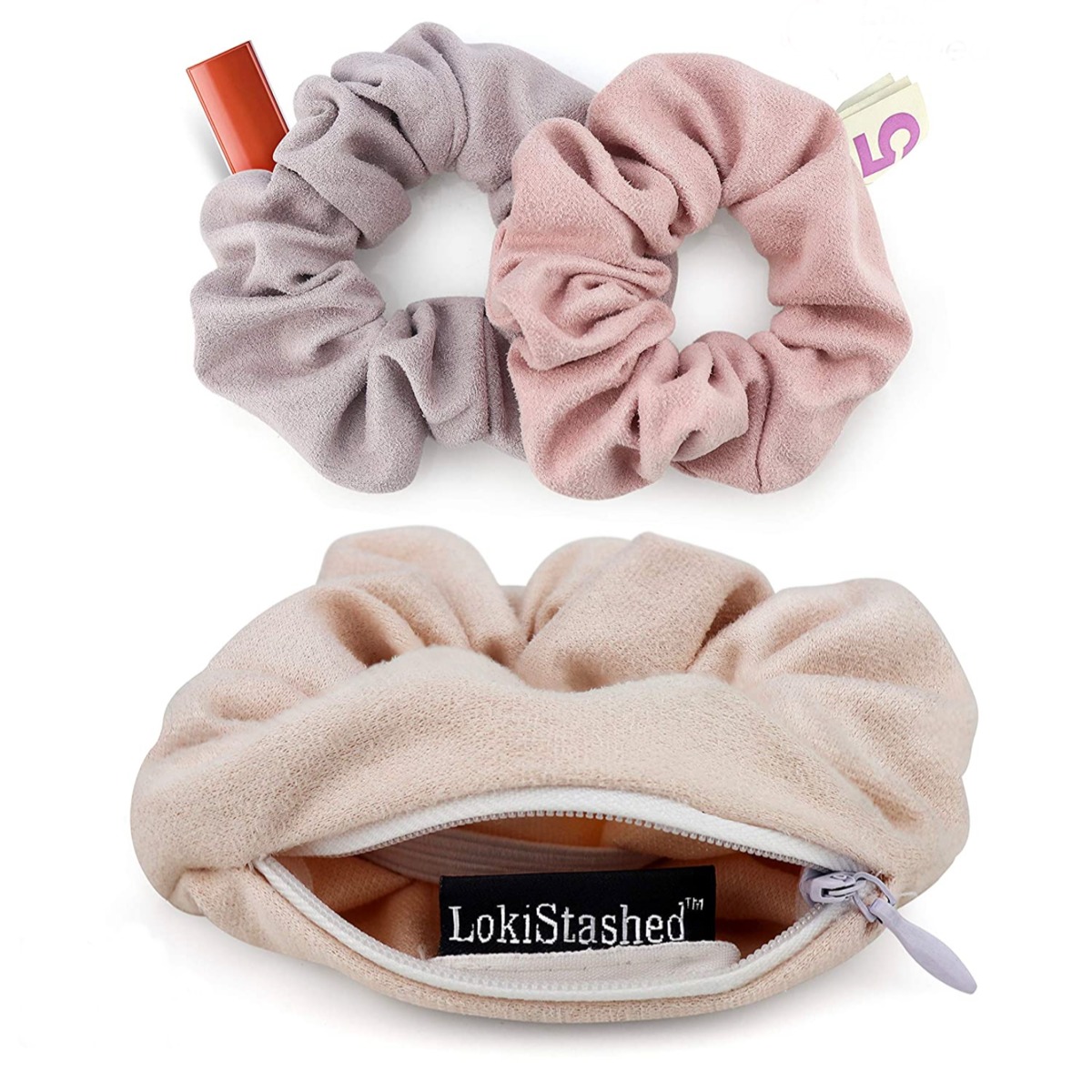 A 3-pack of suede hair tie scrunchies in pastel colors, displayed on a white background.