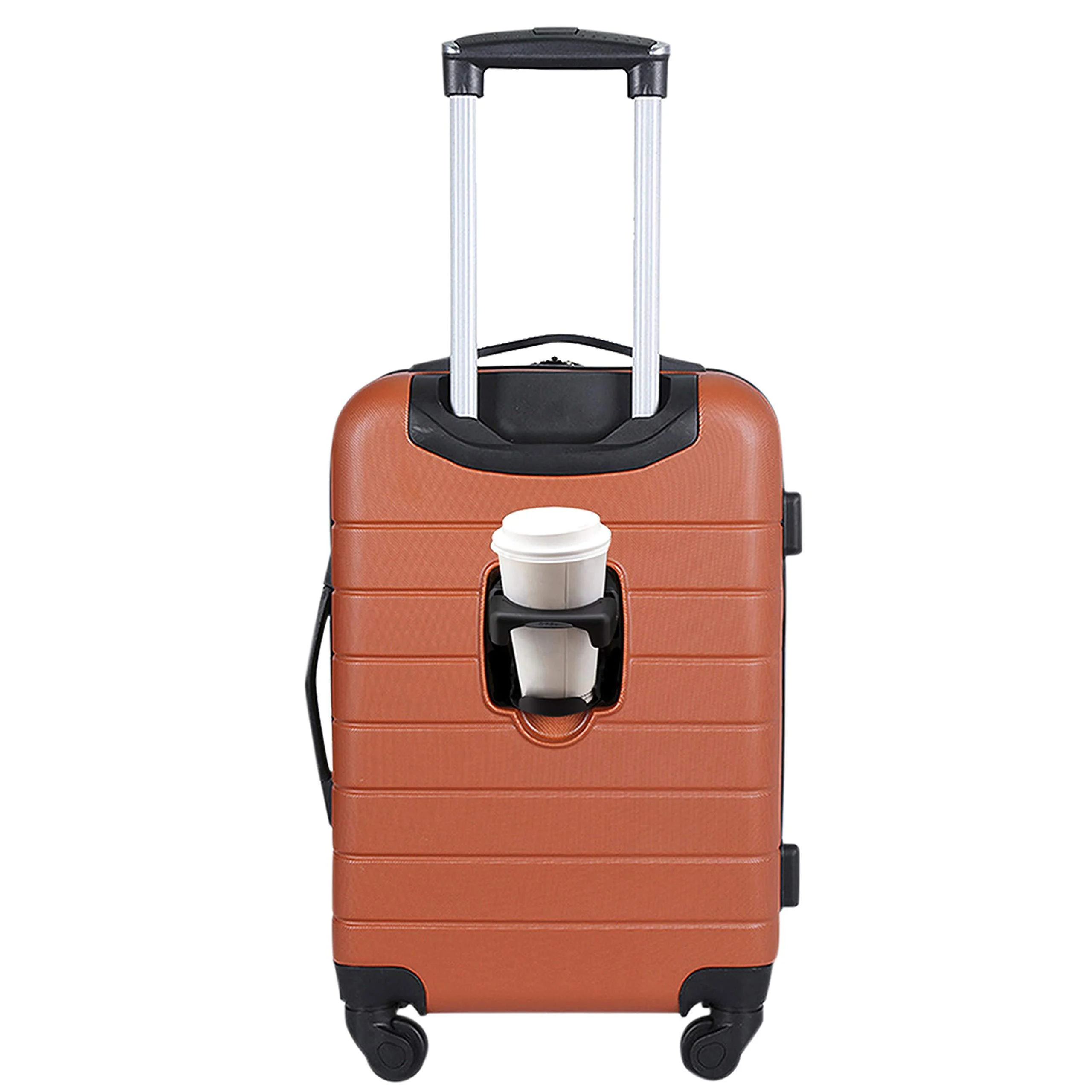 A burnt orange 3-piece luggage set with built-in cup holder, USB port, and phone holder.